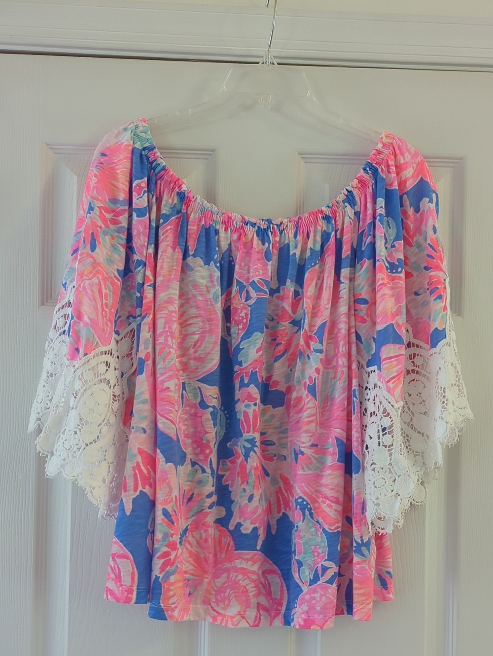 Lily Pulitzer Zaylee Off The Shoulder Lace Tropical Print Shirt